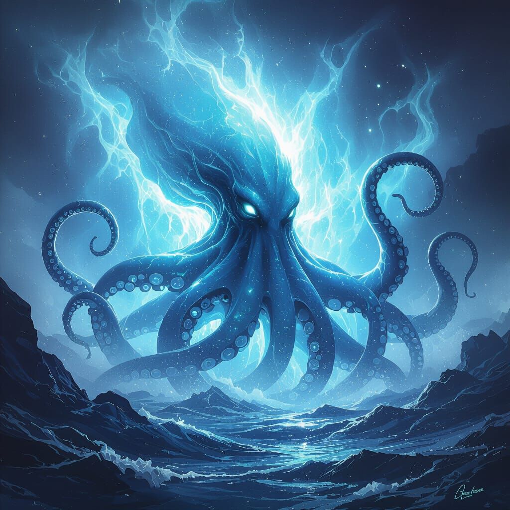Spectral Kraken Rises from Bioluminescent Ocean