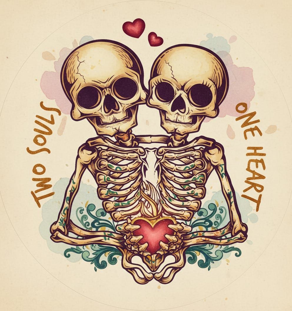 Vibrant Vintage Whimsical Art with "Two Souls, One Heart"
