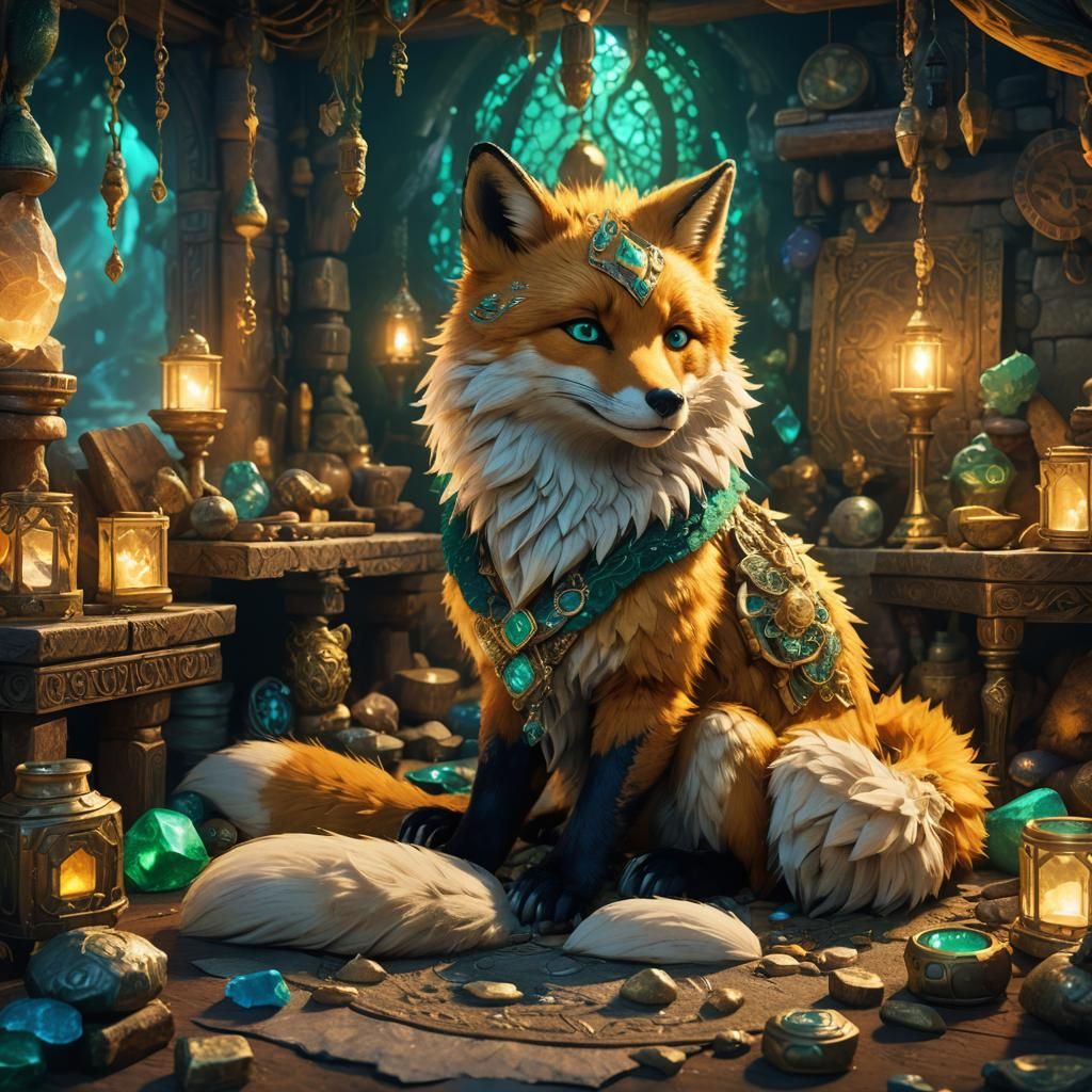 Golden Fox in Mystical Den: Fantasy Concept Art