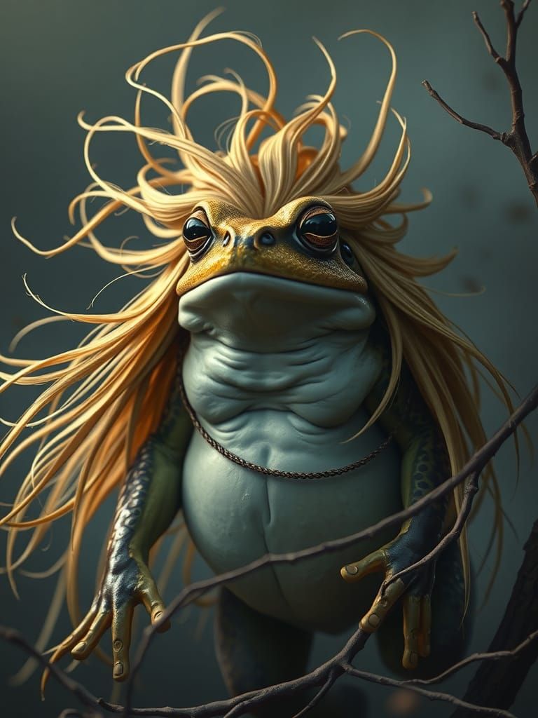 Stoic Frog in Golden Wig, Captured on a Windy Day