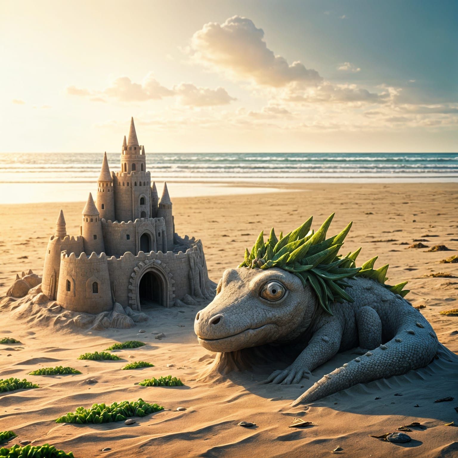 Sand Castle and Dragon on a Sunny Beach