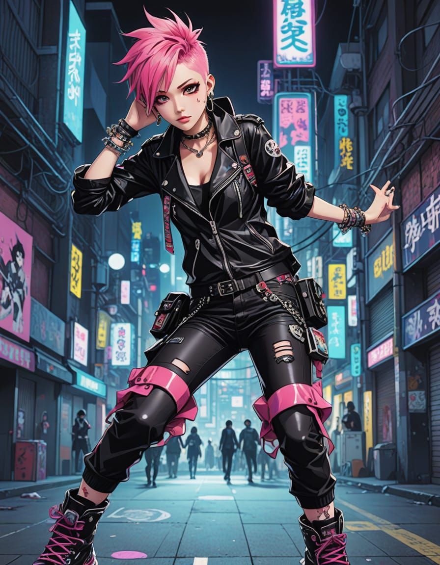 Epic Punk Rock Chick in Vibrant Manga Style