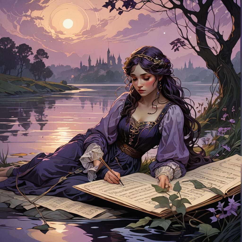 Dark Fantasy Staff on Music Sheet in Art Nouveau Style