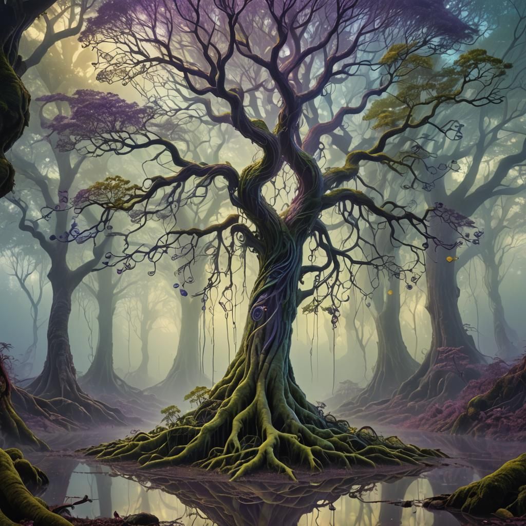 Glass Tree in Misty Forest: Roger Dean Inspired Fantasy