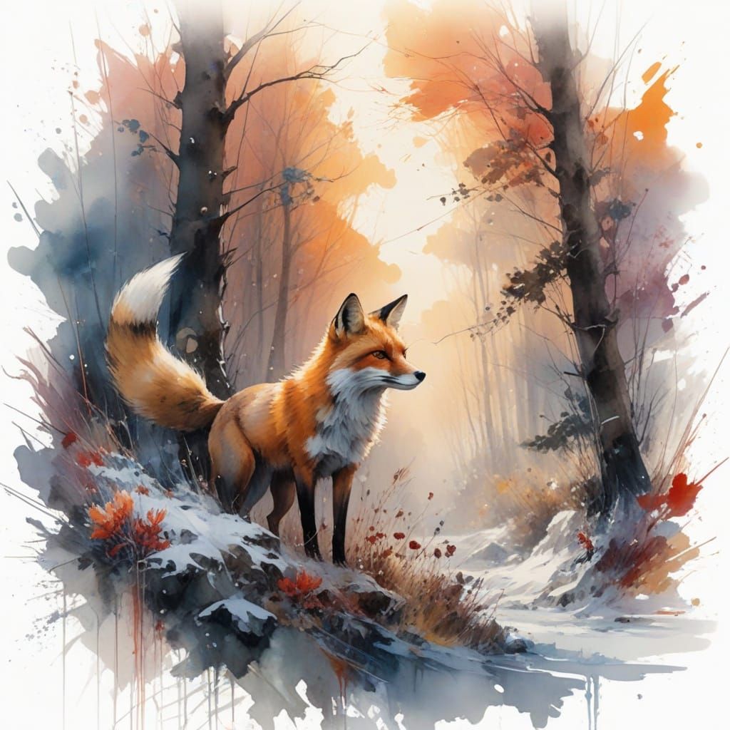 Winter Fox in Forest Clearing as Abstract Watercolour