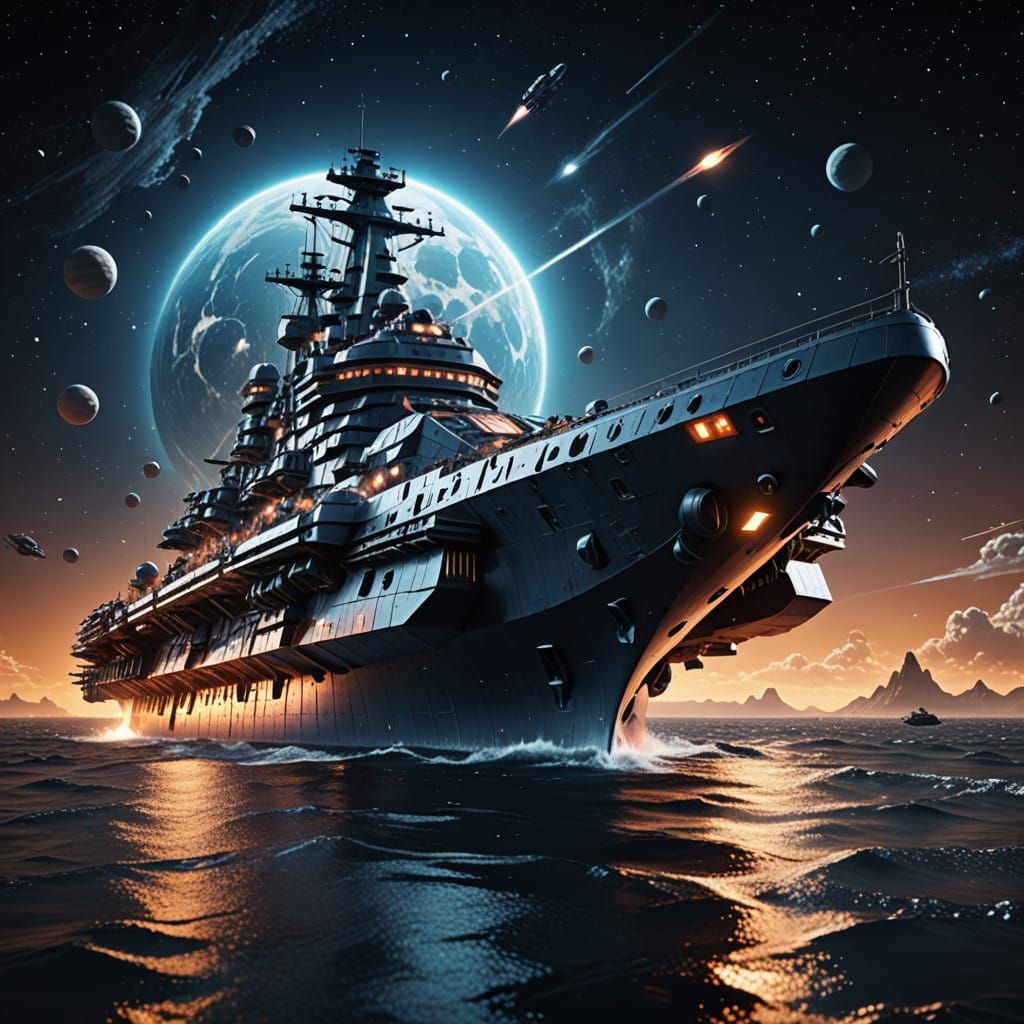 Gigantic Battleship in Lunar Orbit, Hyperrealistic Sci-Fi