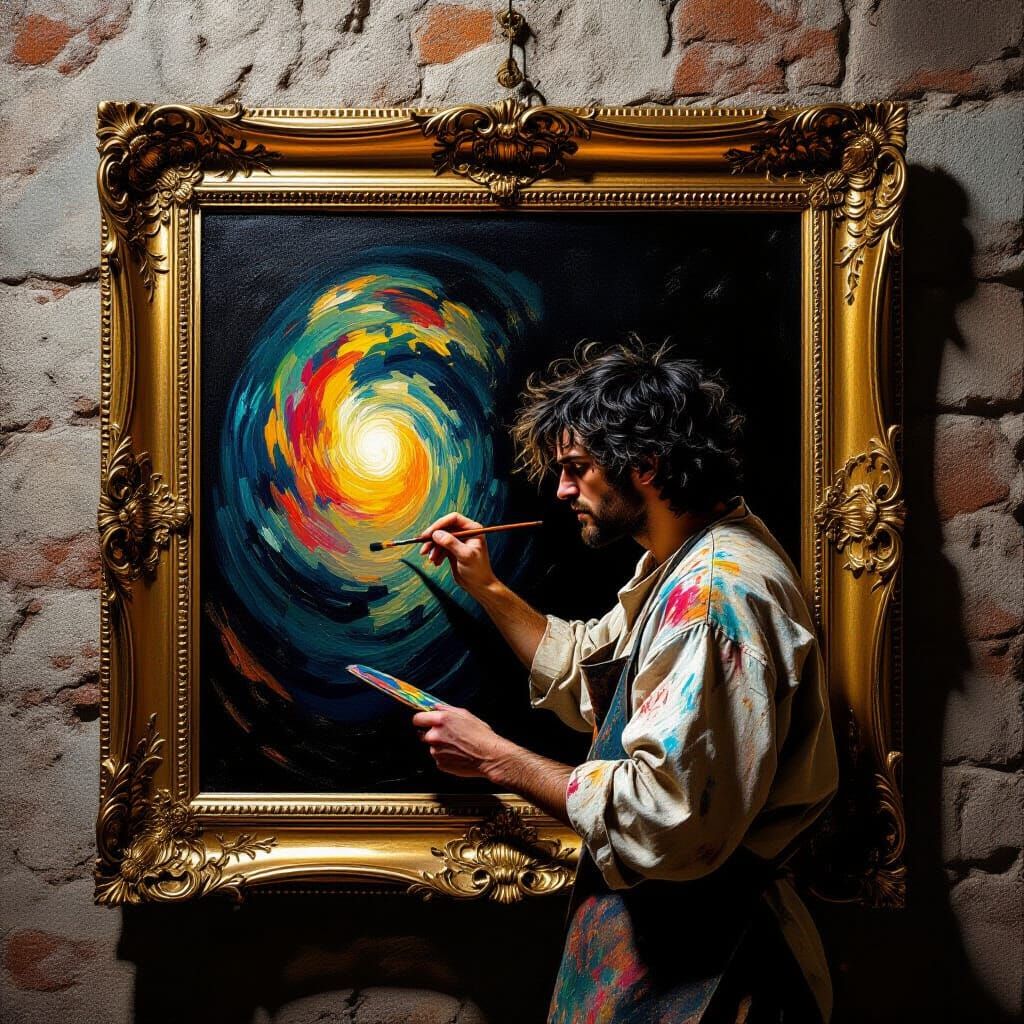 Sad Artist Paints Lost Paradise in Ornate Castle Frame