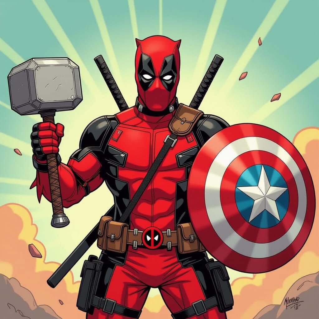 Deadpool with Thor's Hammer and Captain America's Shield