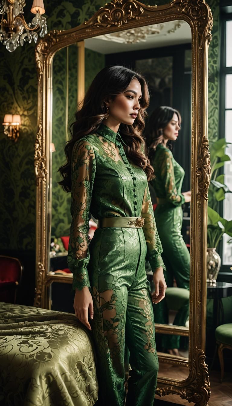 Seductive Woman in Green Lace, Hyperrealistic Style