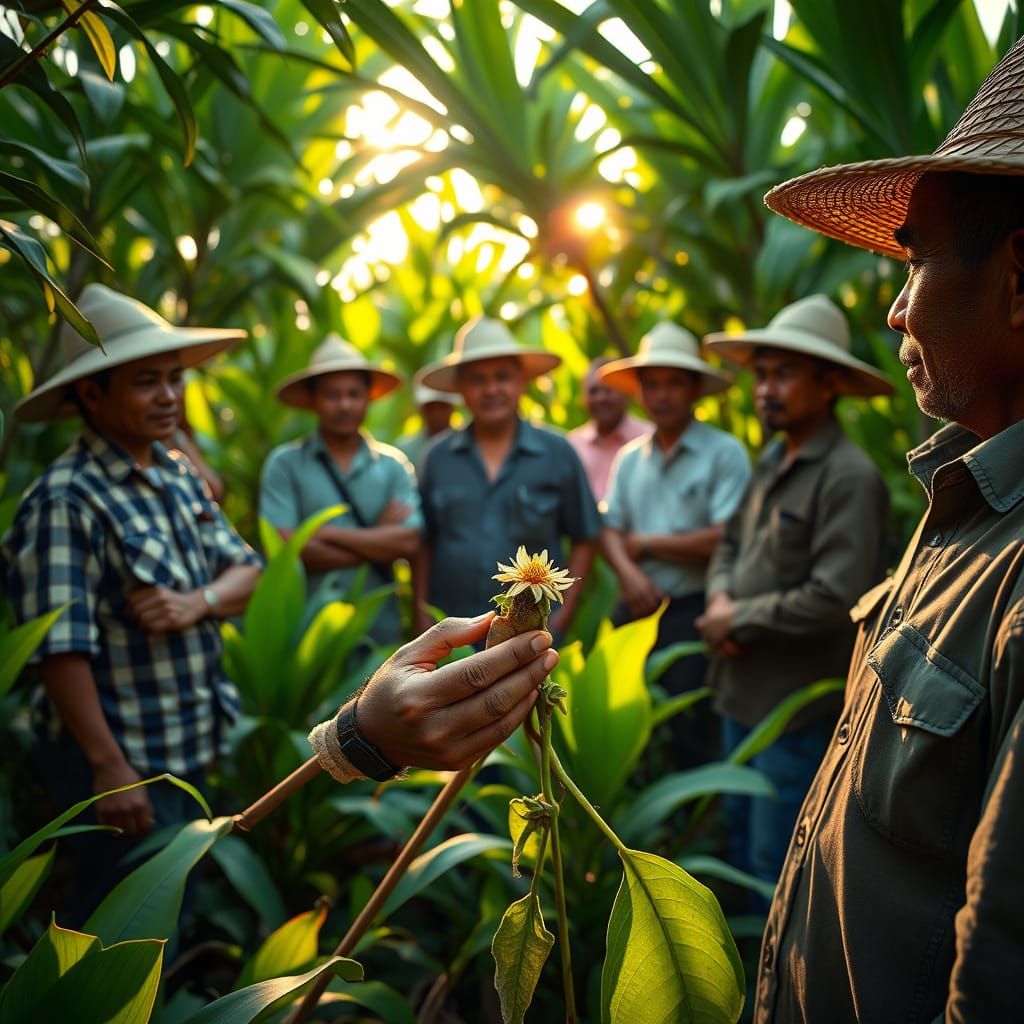 Indonesian Farmers in Lush Vanilla Plantation, East Java