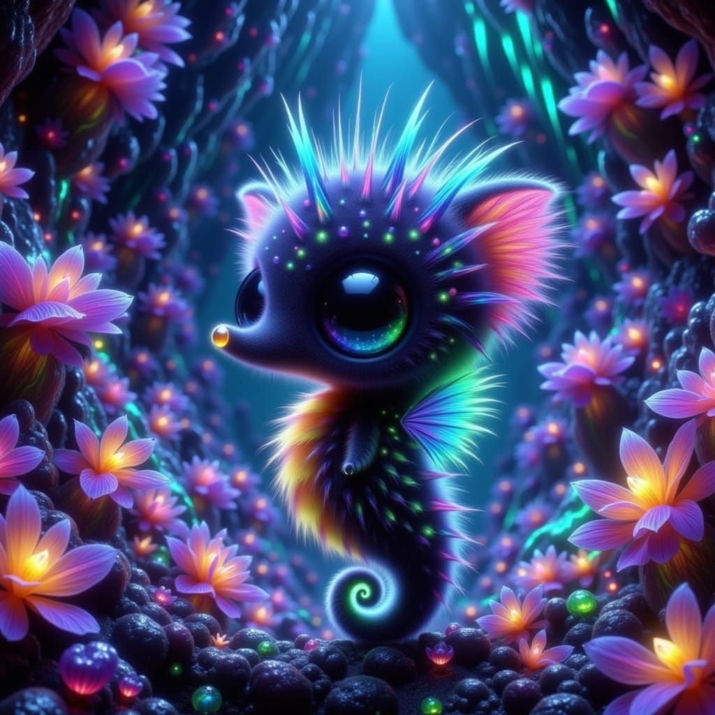 Iridescent Creature in Bioluminescent Crystal Cavern