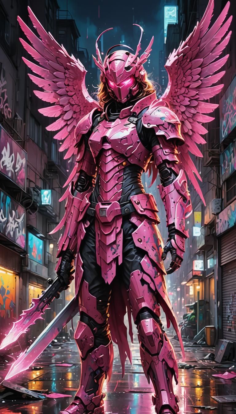 Pink Armored Angel in Cityscape Graffiti Art