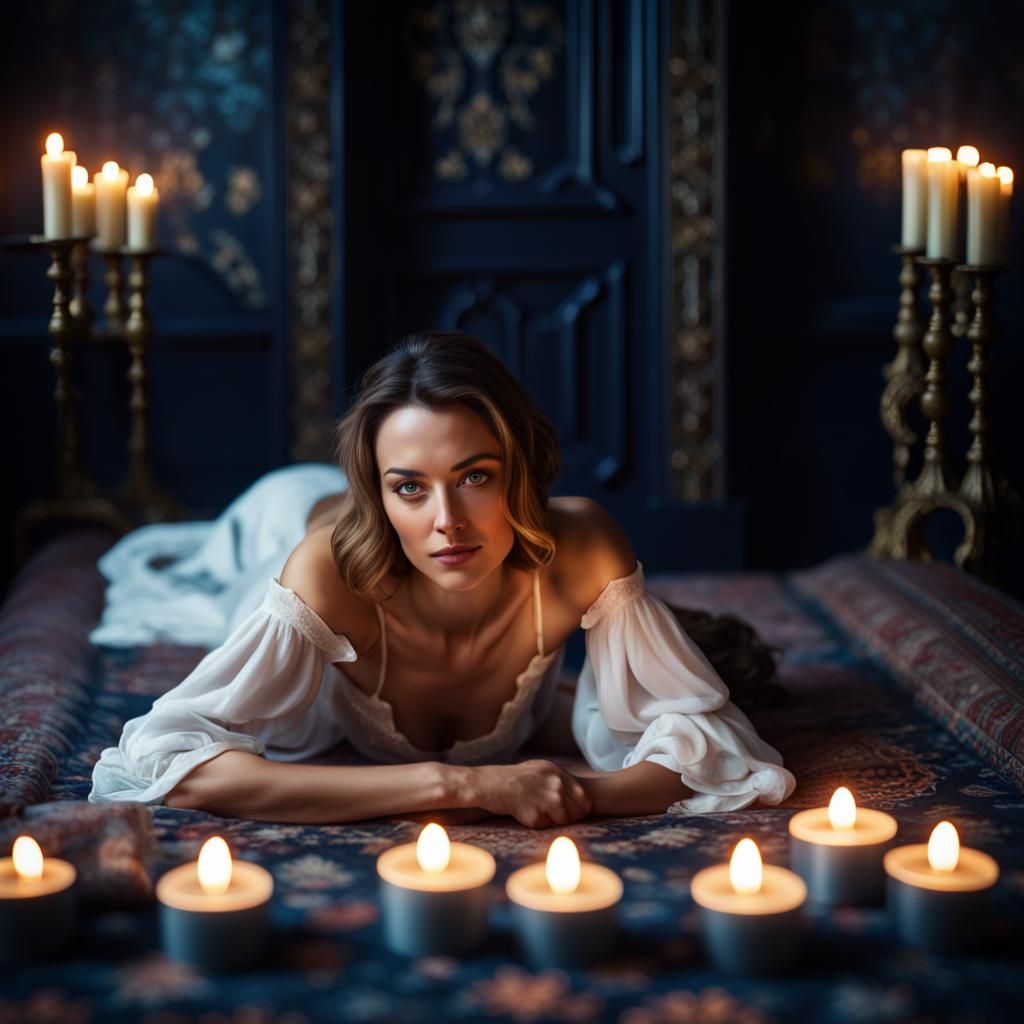 Woman on Morris Rug in Smoky Candlelight