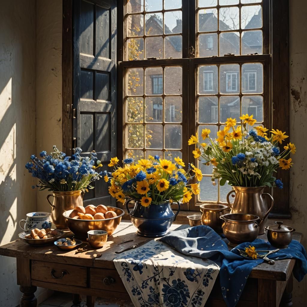 Golden and Delft Blue Flowers by Window, Hyperrealist Style