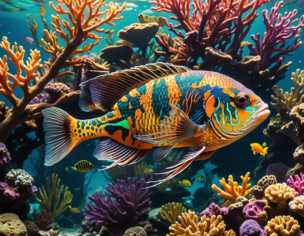 Vibrant Coral Reef Peacock Cichlid in Iridescent Colors