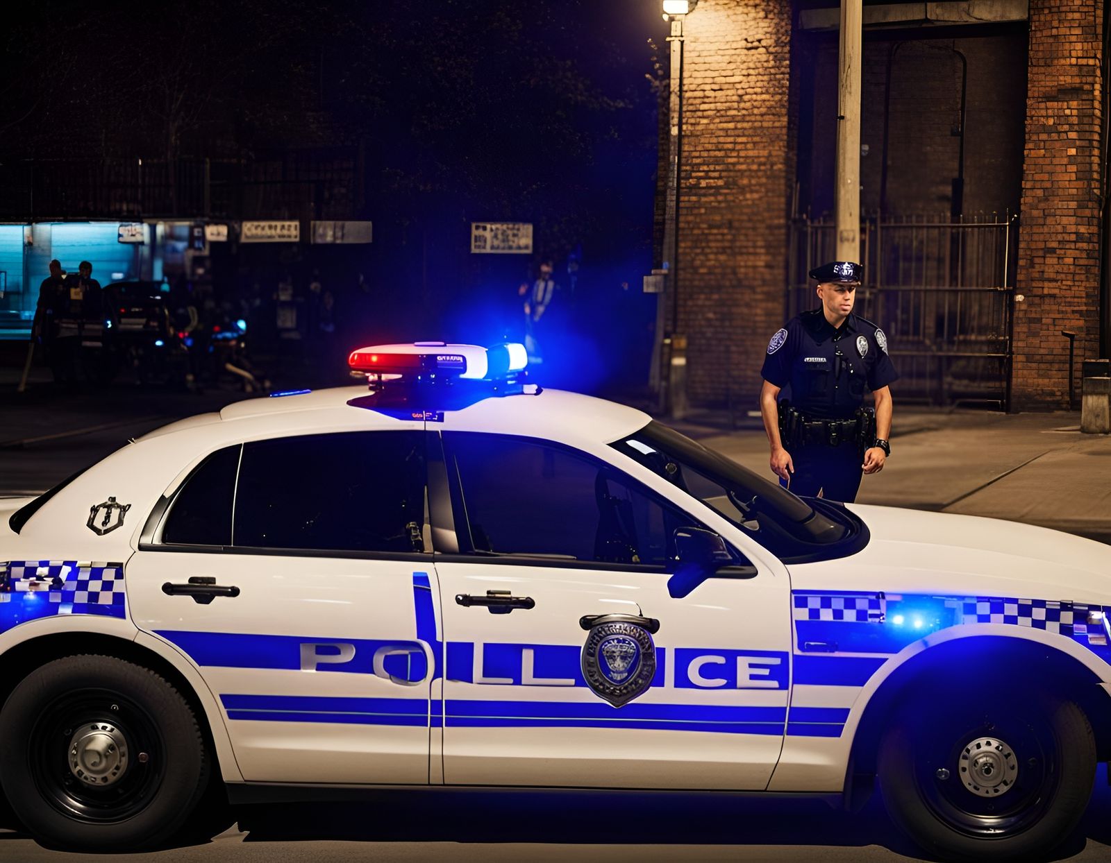 Police Car with Blue Lights Parked on Street