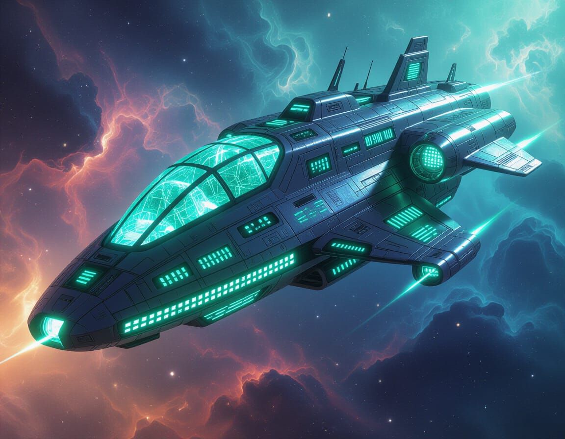 Bioluminescent Alien Spaceship with Neon Glow in Cosmic Nebu...