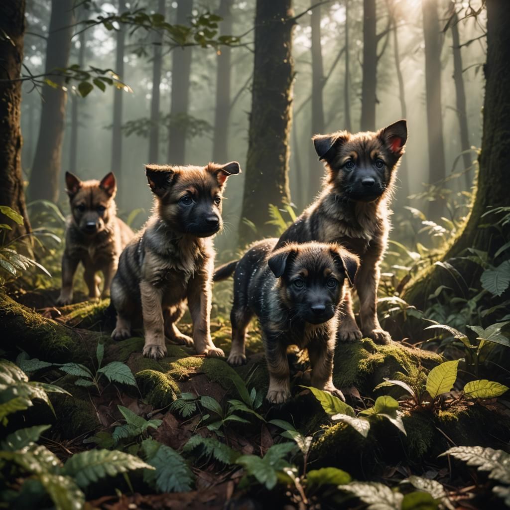 Wild Puppies Play in Misty Forest: Wildlife Photography