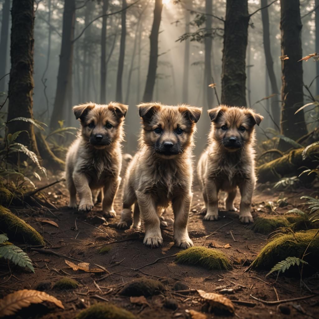 Wild Puppies Playing in Misty Forest