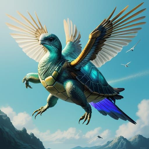 Winged Turtle soars through Vibrant Skies in Hyper-realistic...