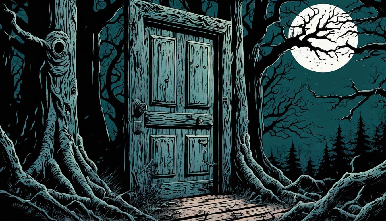 Knocking on a Haunted Door in a Dark Forest, in Retro Horror...
