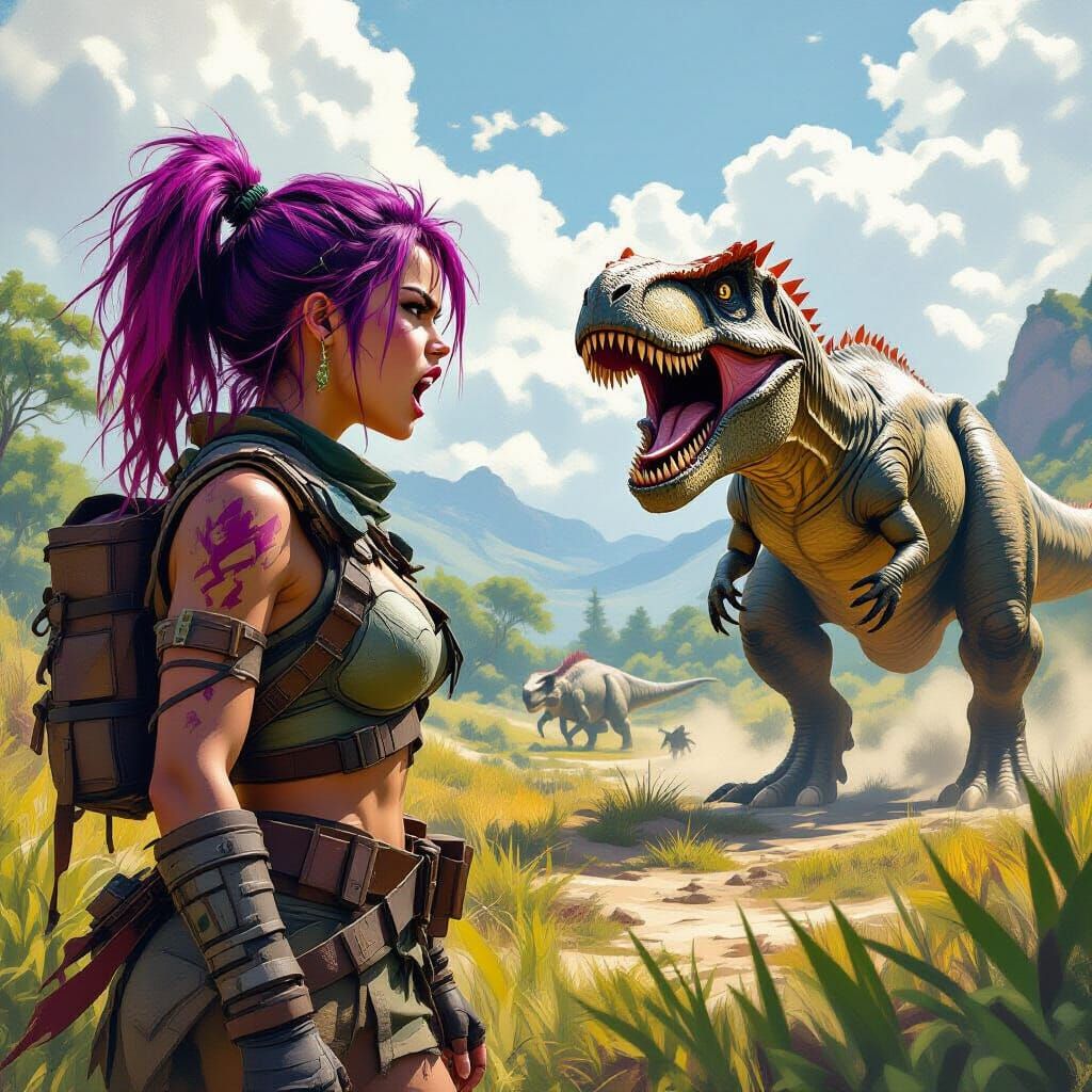 Girl Confronts T-Rex in Prehistoric Landscape