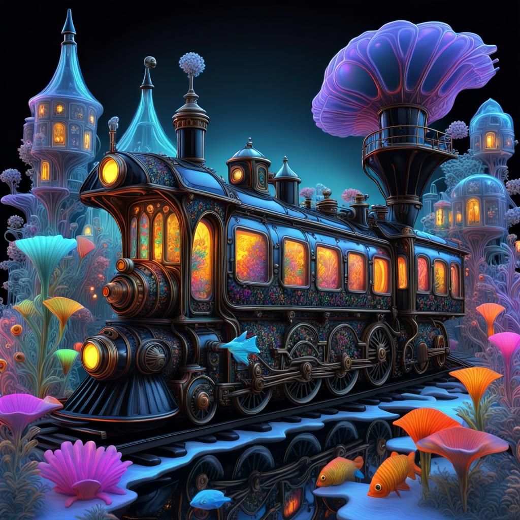 Black light art,gothic transparent steamtrain