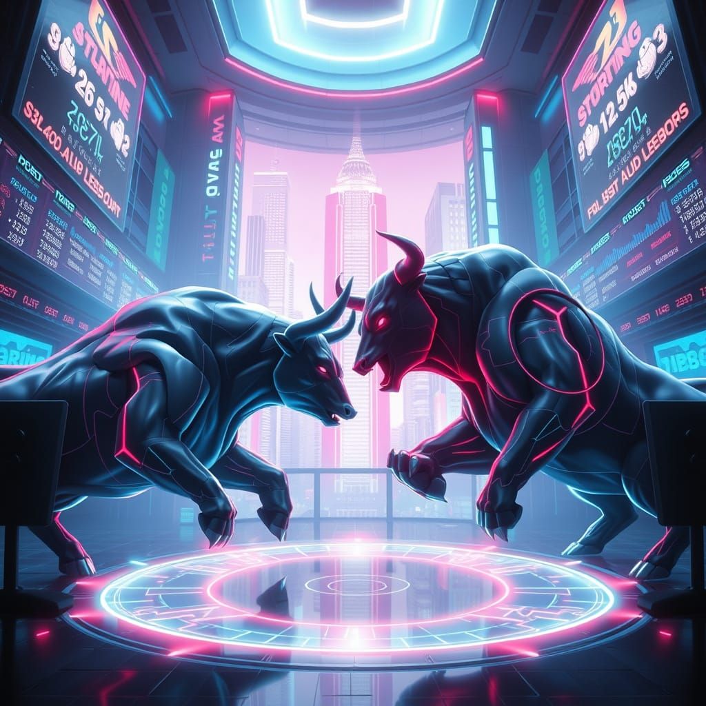 Futuristic Bull and Bear Trading Arena in Neon Noir
