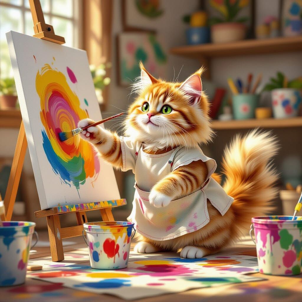 Ginger Cat Artist Paints Joyfully in Cozy Studio
