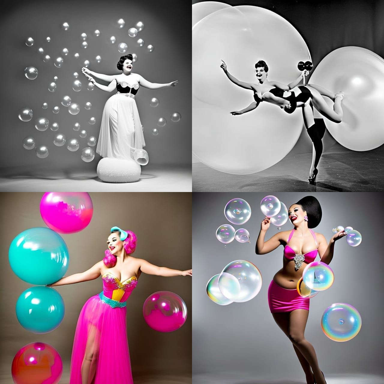 A 1950s burlesque dancer with large colorful bubbles all aro...