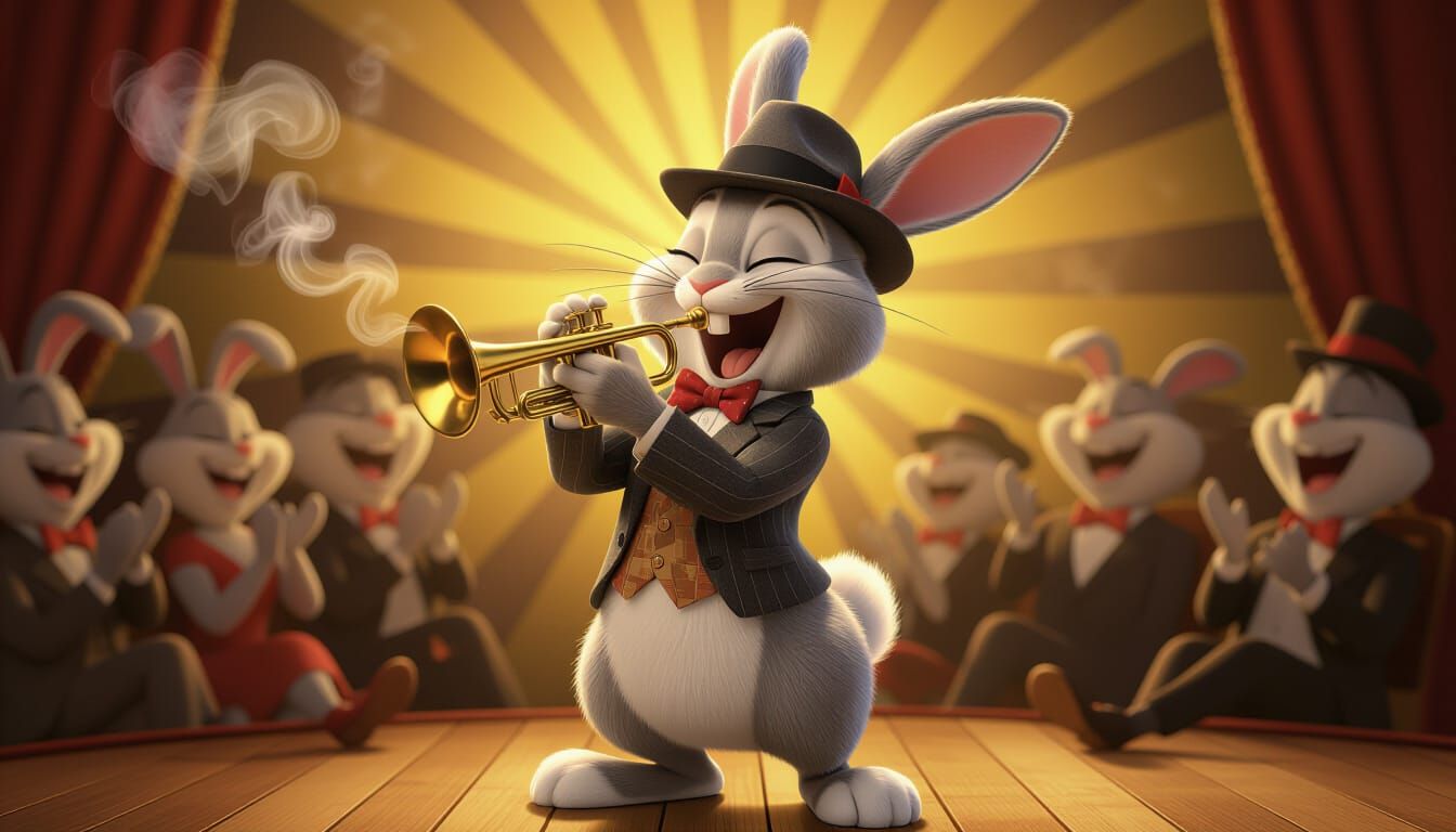 Jazz Age Bunny Trumpeter in Cartoon Speakeasy