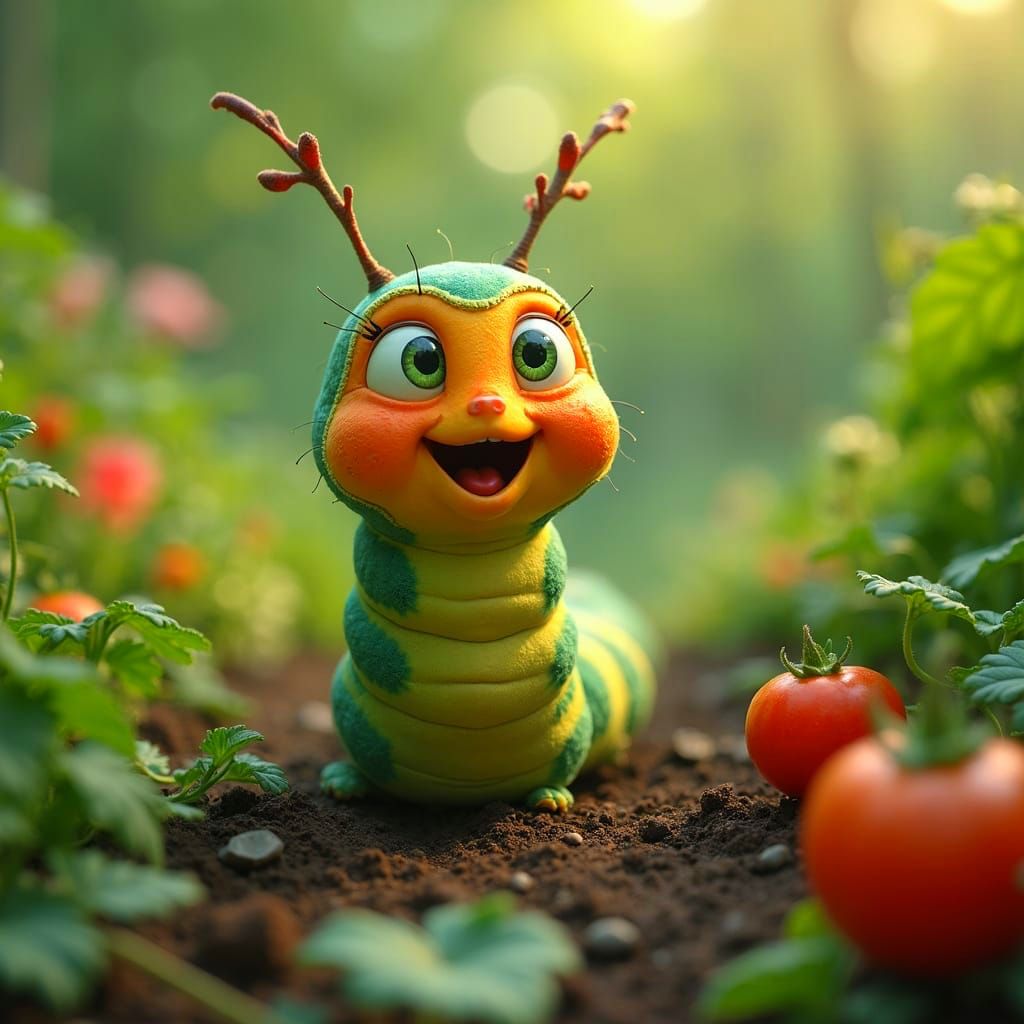 Happy Caterpillar in a Vegetable Garden