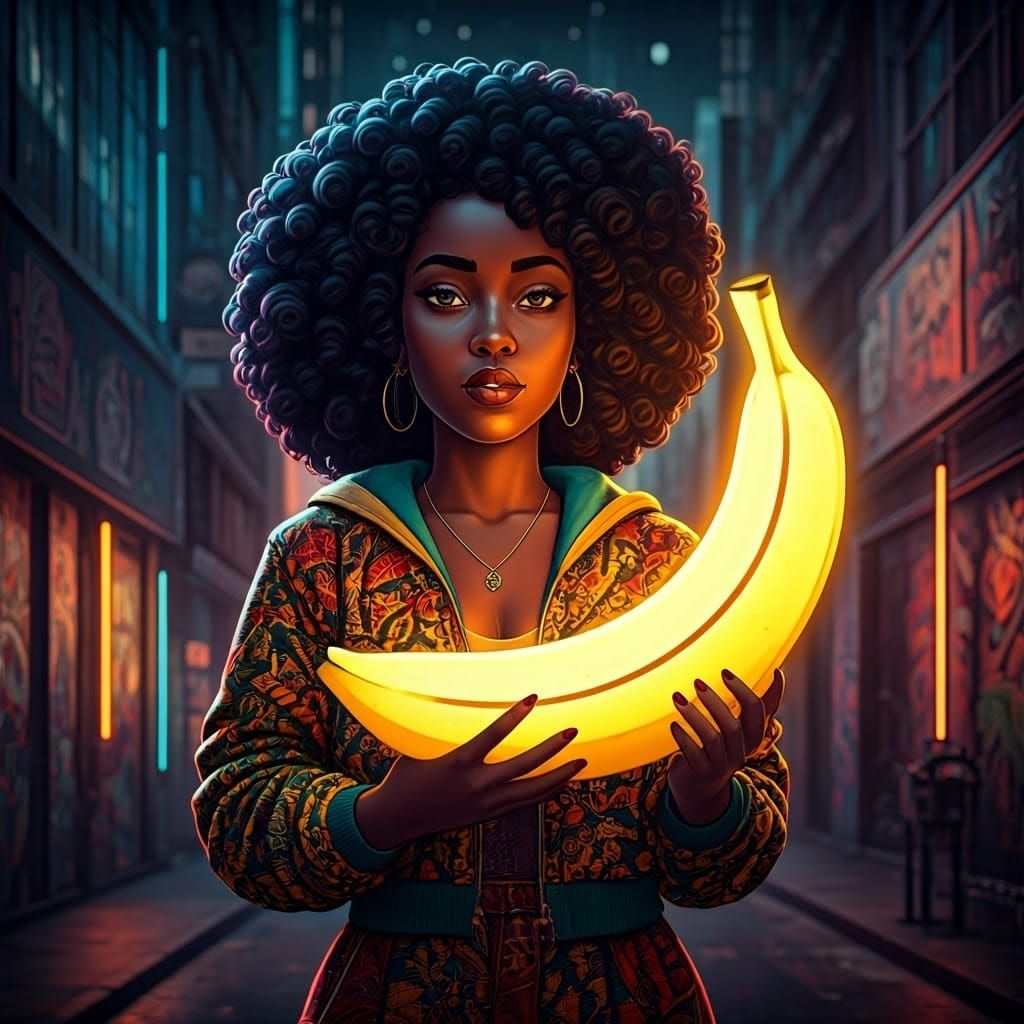 Pop Art Cartoon Woman with Glowing Banana