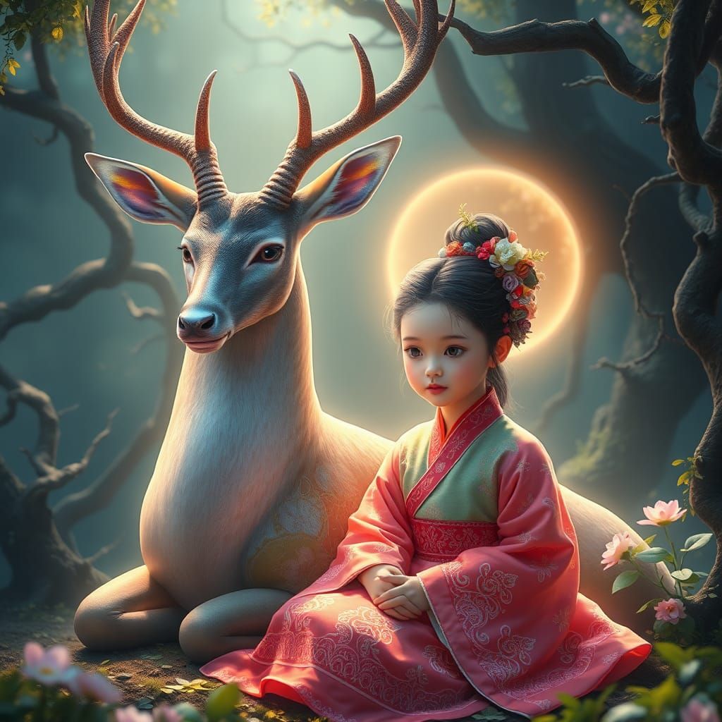 Girl and Iridescent Deer in Ethereal Forest