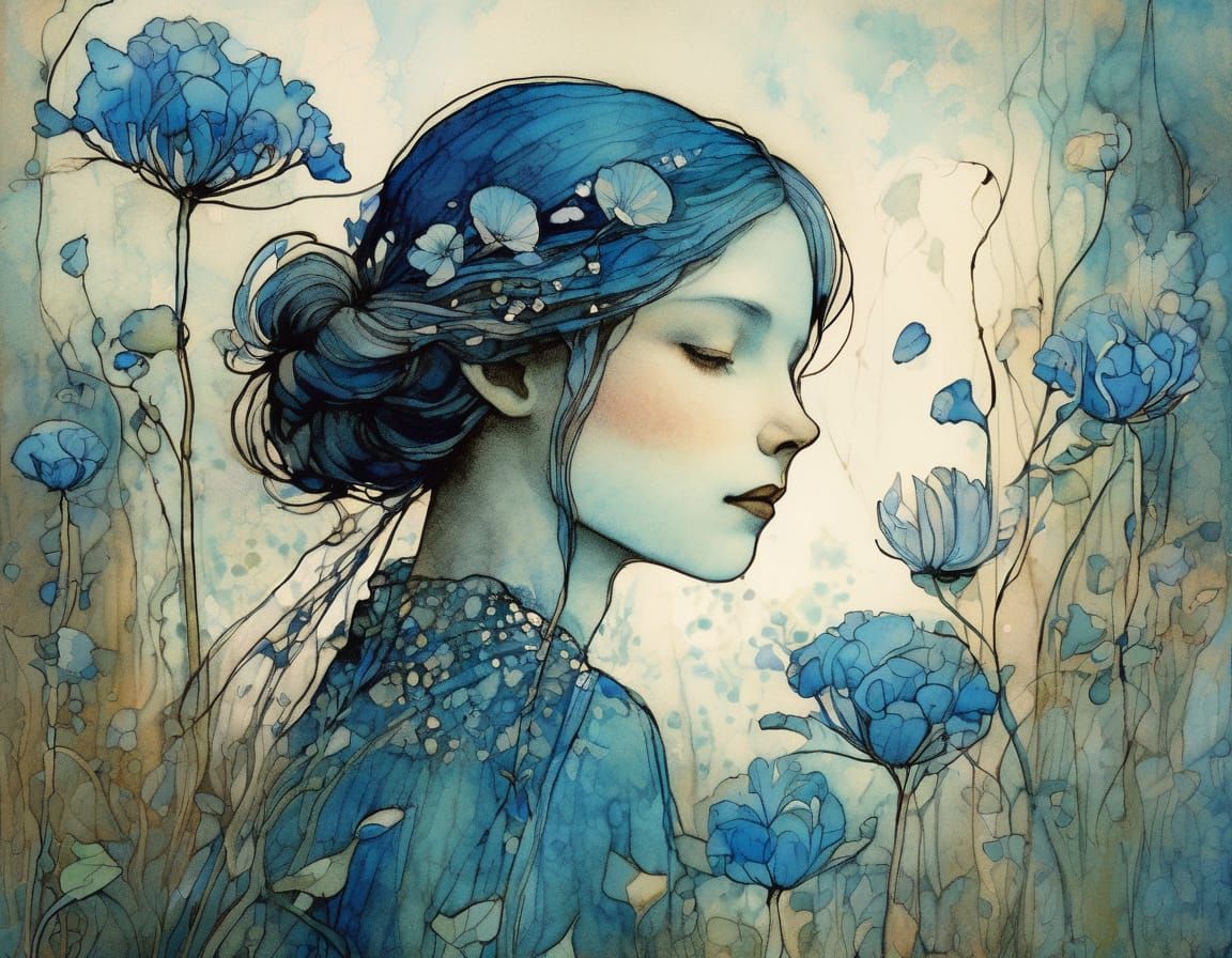 Blue Wildflower Close-up in Art Nouveau Style