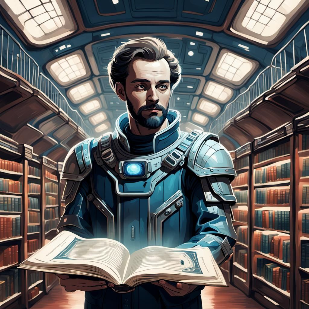 Futuristic Human in Space Library with Shakespeare