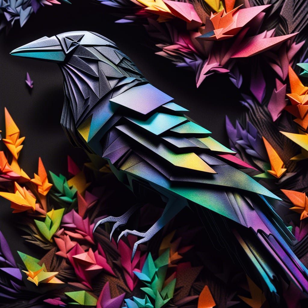 Enchanted Origami Raven in Graffiti Art Style
