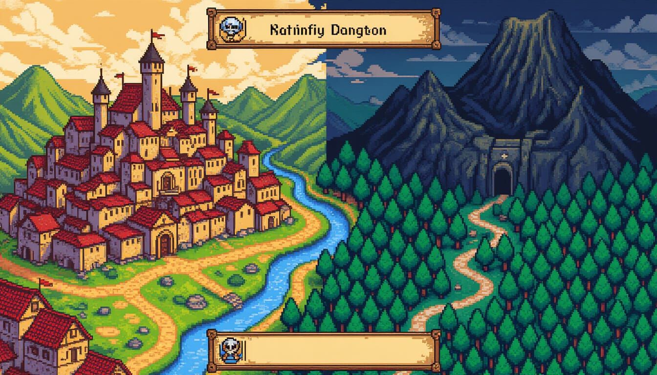 Retro JRPG World Map: City, Forest, and Dungeon