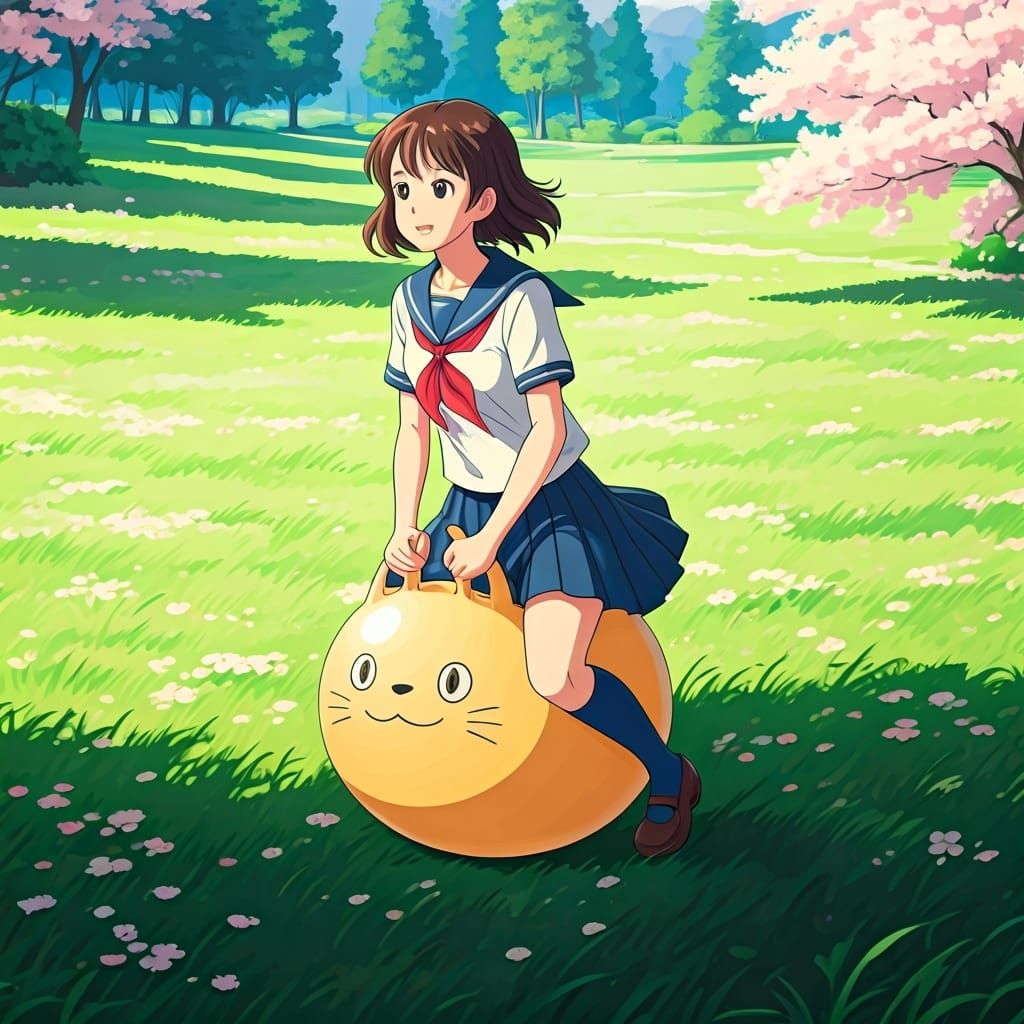Schoolgirl on Neko Hopper in Studio Ghibli Style