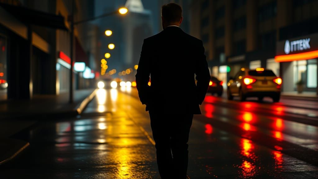 Mysterious Figure Walks Down Rainy City Street at Night