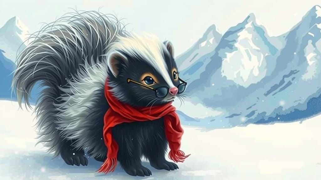 Whimsical Skunk in a Winter Wonderland with Skis