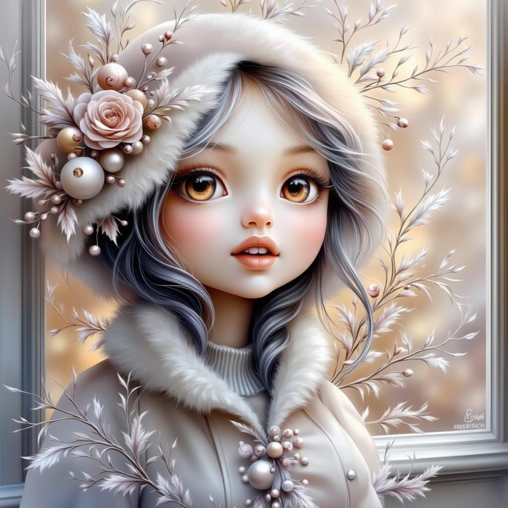 Girl on Windowsill Bench in Art Brut Style