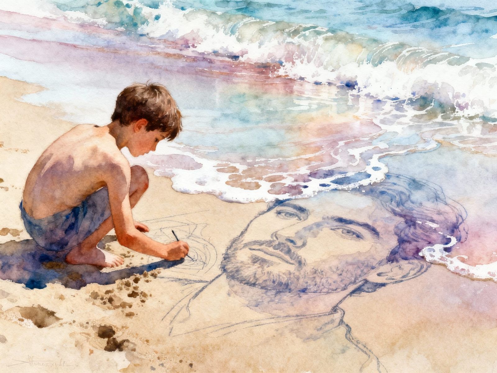 Boy Sketches Future Face in Sand, Watercolor Style