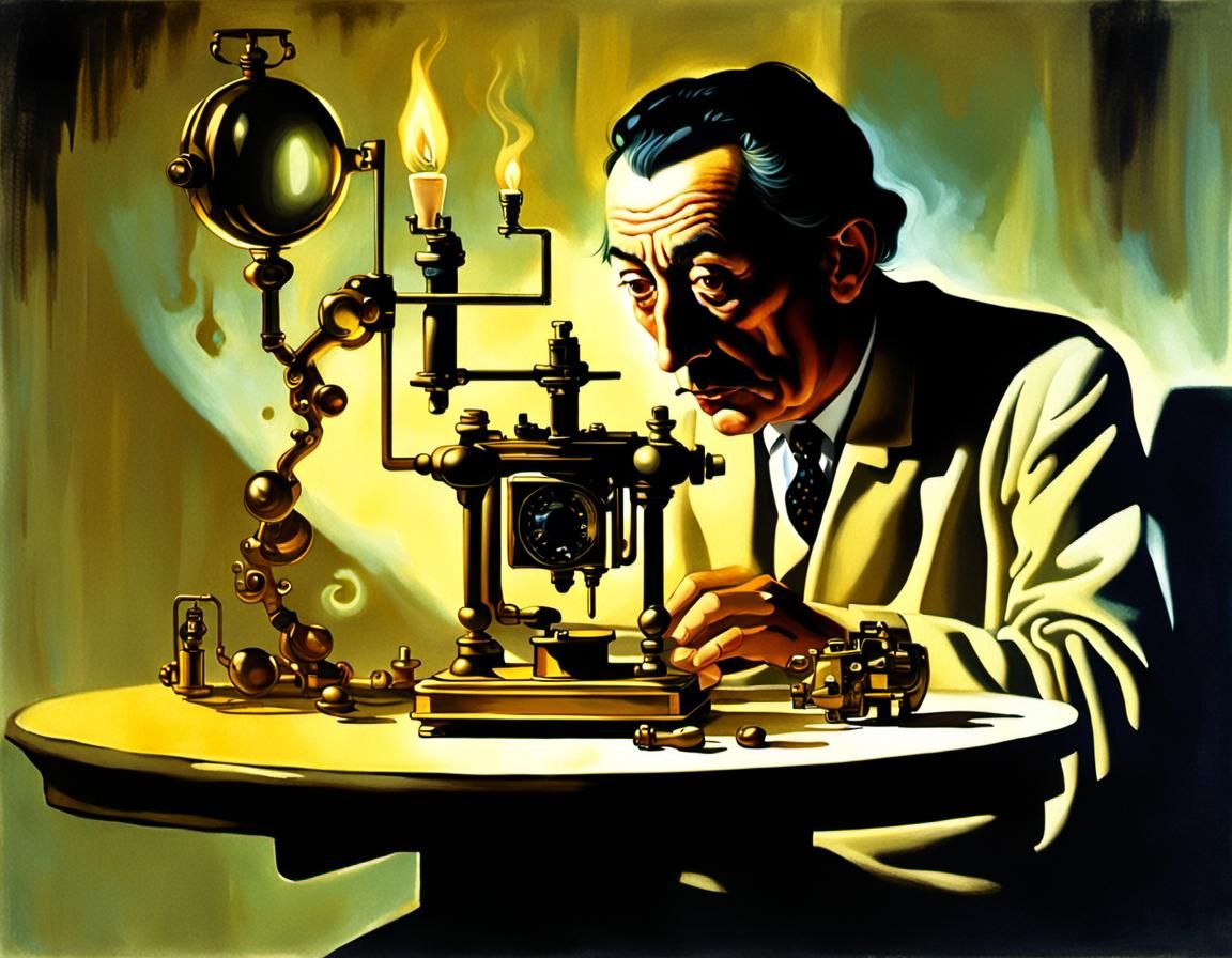 Puzzled Person with Antique Device: A Surreal Oil Painting