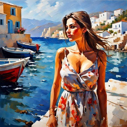 Woman in Sundress in Greek Village, Impressionist Oil Painti...