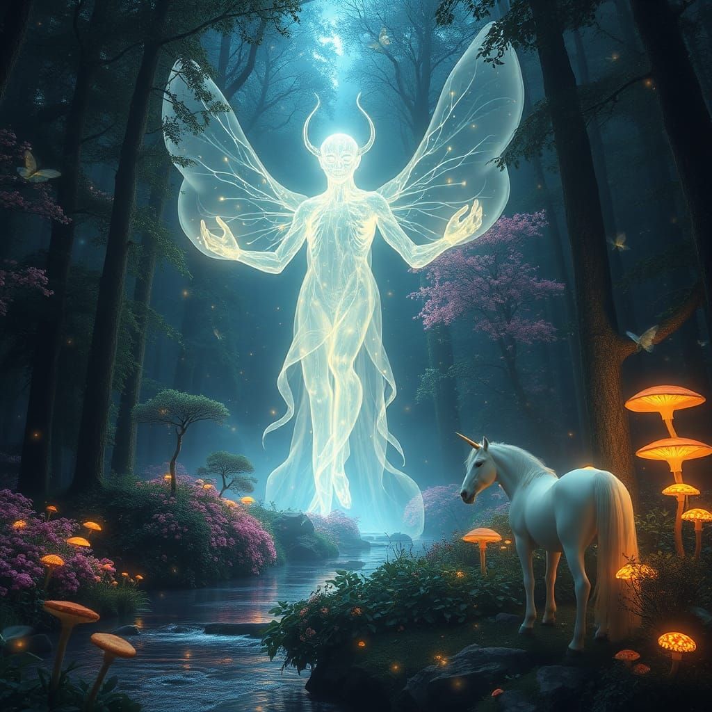Ethereal Forest Spirit in a Luminous Fantasy Landscape