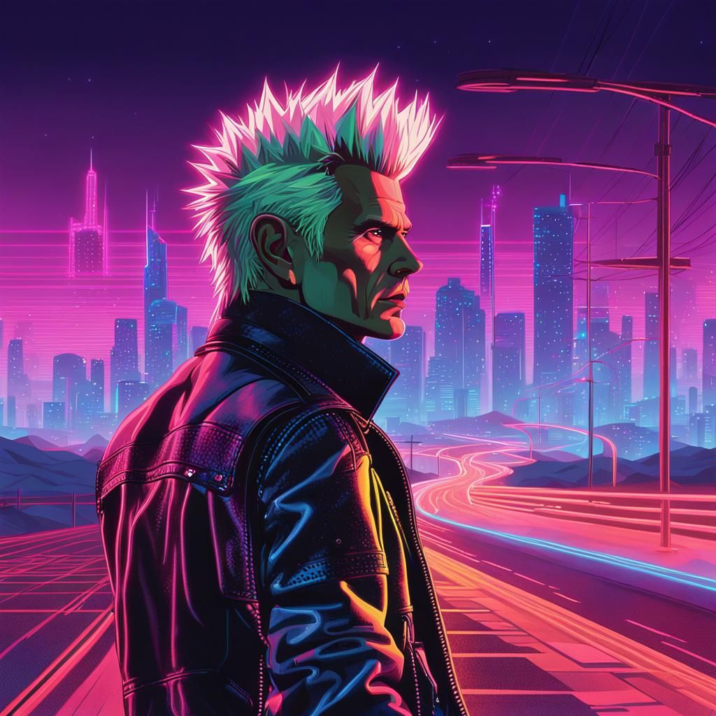 Retrofuturistic Billy Idol in Neon-Lit Highway