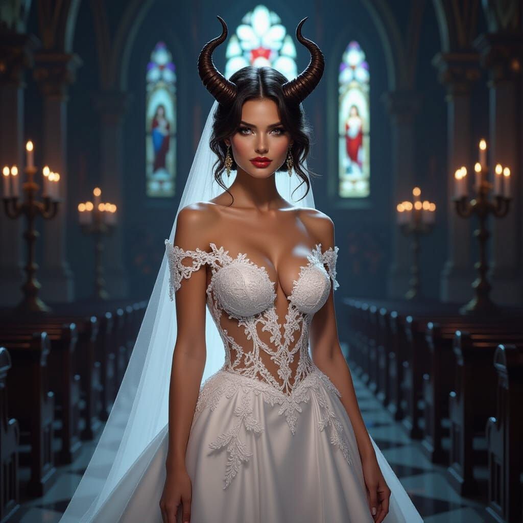 Tiefling Bride in Ornate Chapel, Fantasy Art