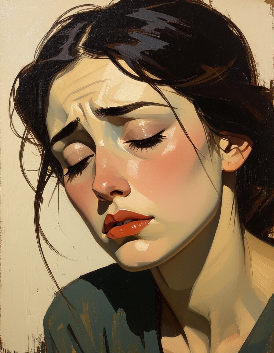 Tired Young Woman Oil Painting in Muted Colors