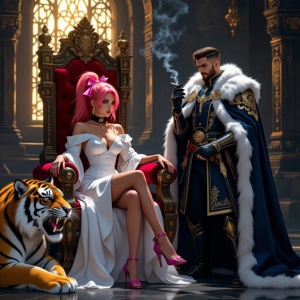 Osana on Throne with Tiger in Cyber-Futurist Style